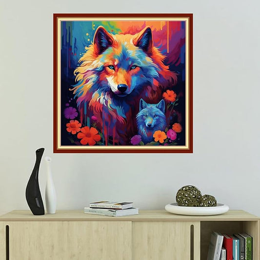 Foxhool Beginners Cross Stitch Kits Stamped Full Range of Embroidery Kits for Adults DIY Cross Stitches kit Embroidery Patterns for Needlepoint kit-Rainbow Wolf 18x18 inch