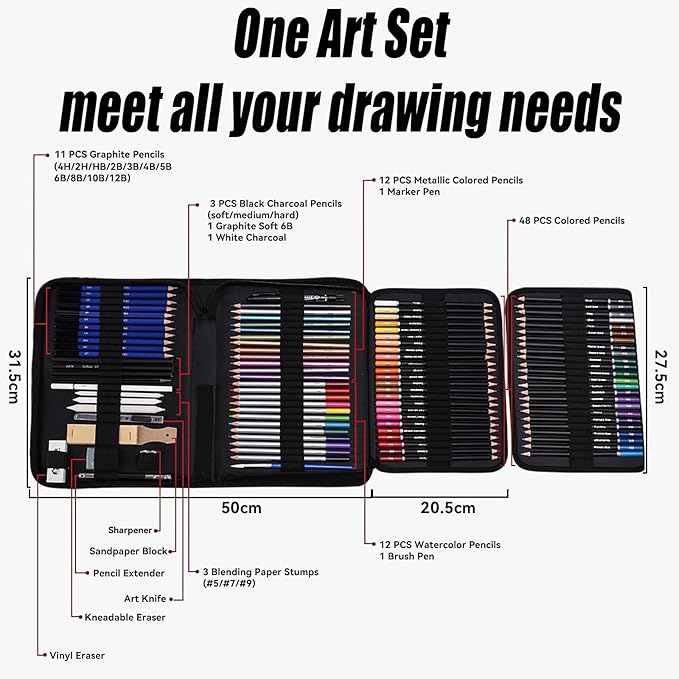 FPGFIIVO 151 Pcs Sketch Art Set, Art Supplies with 3-Color Sketchbook and Tutorial, Colored, Watercolor, Metallic, Graphite, Charcoal Pencils, Drawing Set Gifts for Artists Adults Kids Teens Beginner