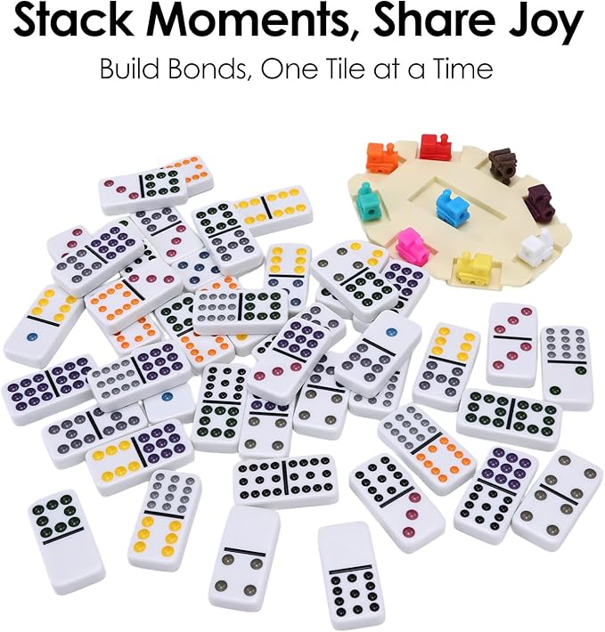 Mexican Train Dominoes Set Double 12 Colored Dot Dominos with 8 Wooden Racks & 91 Tiles Portable Travel Case Classic Family Board Game Cognitive Strategy Game for Adults Kids