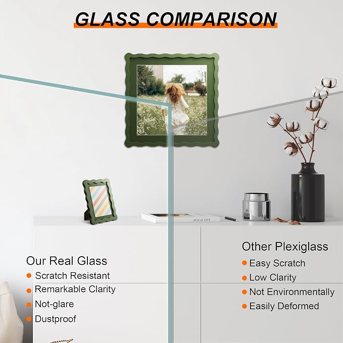12x12 Picture Frame with Mat for 10x10, Wavy Edge Wooden Real Glass Photo Frame - Image 2