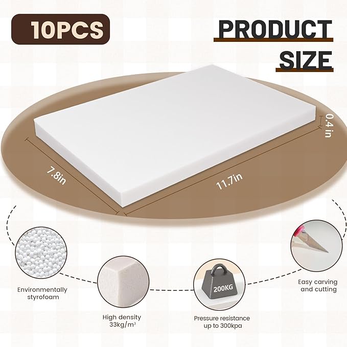 Gvereld High Density XPS Foam Board,10 Pack 11.7x7.8x0.4in Polystyrene Craft Foam Sheets, Rigid and Easy to Shape,DIY Modeling Art Projects, Party Decoration, Cosplay Prop Production, Heat Insulation