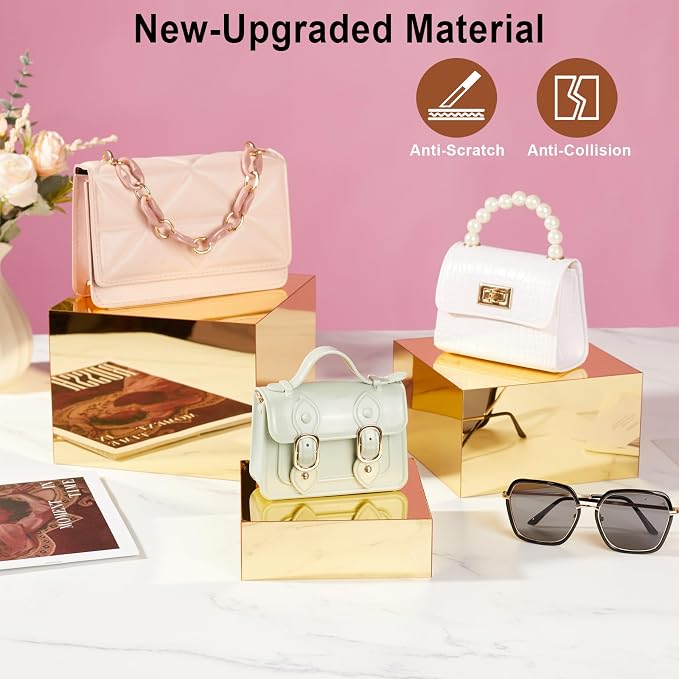 3Pcs Gold Acrylic Riser Display Stands Mirrored Nesting Cube Boxes | Pedestal - Image 4
