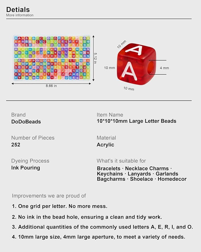 DoDoBeads 252 Pcs 10mm Chunky Square Letter Beads, Colorful Big Alphabet Beads - Image 3