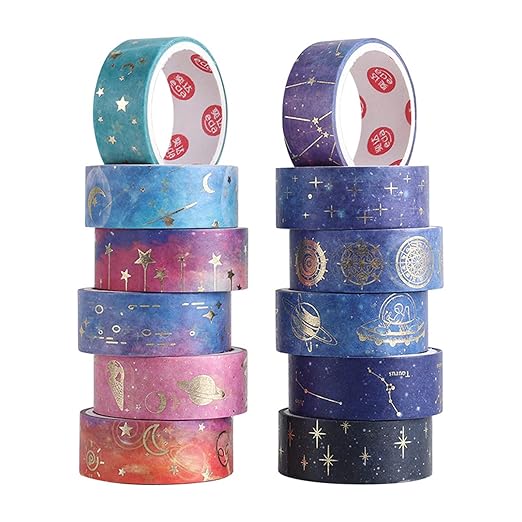 12 Rolls Galaxy Washi Tape Set, Gold Foil Decorative Masking Tape for Scrapbooking, Bullet Journal, Planner, DIY Crafts, Gift Wrapping