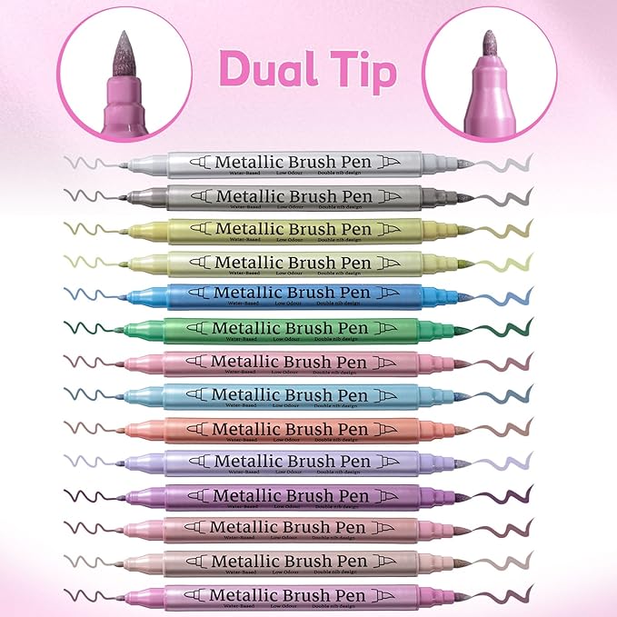 12 Pack Metallic Markers, Dual Tip Glitter Pens for Black Paper & Rock Painting Metallic Acrylic Paint Markers for DIY Crafts, Scrapbooking, Glass, Wood, Cards Alcohol Based Quick Dry Ink