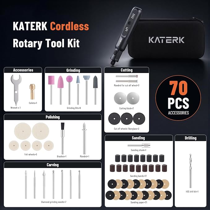 Katerk 3.7V Mini Cordless Rotary Tool Kit, 5-Speed Mini Craft Tool | 70 Pcs - Image 7