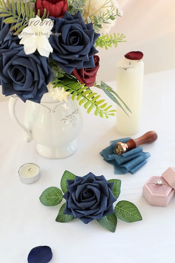 Floroom Artificial Flowers 16pcs 3.5" Real Looking Navy Blue Foam Fake Hybrid Tea Roses with Stems for DIY Wedding Bouquets Bridal Shower Centerpieces Floral Arrangements Party Tables Home Decoration
