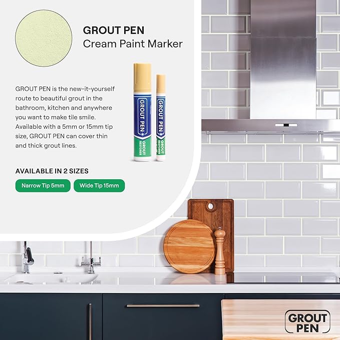 Grout Pen Cream Tile Paint Marker: Waterproof Grout Paint Pen, Tile Grout Colorant and Sealer Pen for Bathroom, Shower, Kitchen, More - Cream, Wide 15mm Tip (20mL)