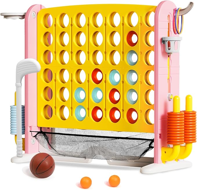 Giant 4 in a Row Connect Game with Mesh Fabric | Height Adjustable 4-in-1 Jumbo 4-to-Score Yard Game Set with Basketball, Golf & Ring Toss | Outdoor Indoor Family Yard Party Game for Kids & Adults