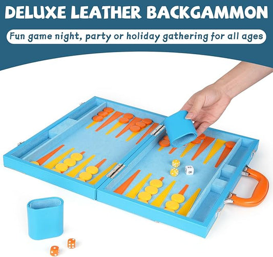 Backgammon Set, 15 Inches Classic Board Game with Leather Case, Geometric Leather Backgammon Game, Folding Portable Travel Strategy Backgammon Game Set for Adults