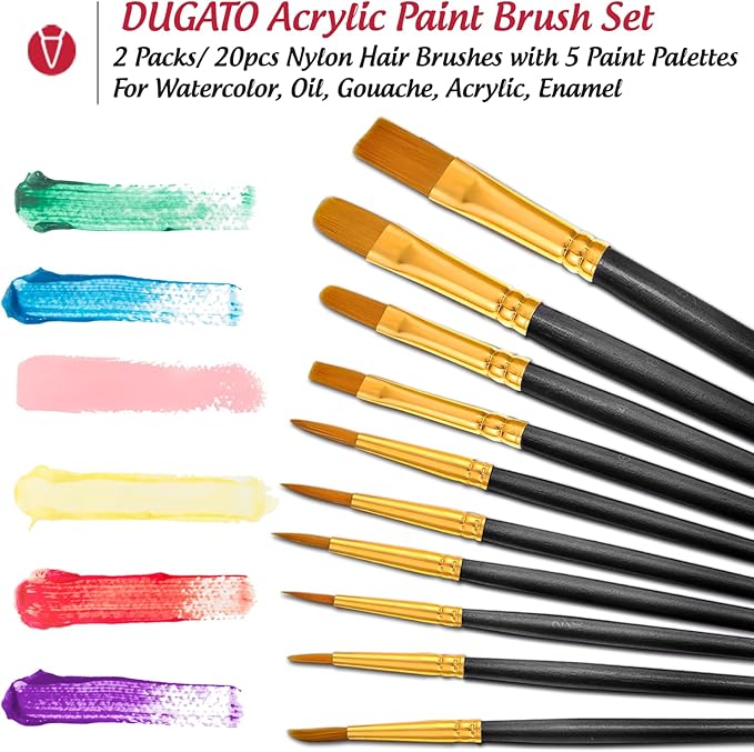 Halloween Paint Brushes Palettes Set by DUGATO, 2 Packs/20pcs Round Pointed Tip Nylon Hair Brushes with 5 Paint Trays for Acrylic Watercolor Oil Gouache Tempera and Body Painting (Black)