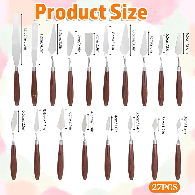 27 Piece Palette Knife Set, Stainless Steel Spatula Art Spatula Pallet Knife Painting Knives with Wood Handle Oil Painting Accessories for Oil, Acrylic Paint Various Color Mixing Tools