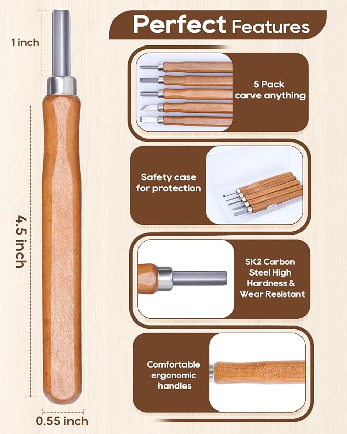 UCEC 5 Pack Linocut Wood Carving Tools Set Linoleum Hand Wood Carving Kit Whittling Knives V-chisel Angled Gouge Half Round Woodcarving Tools Set Whittling Kit for Linocut Printmaking Supplies Gift