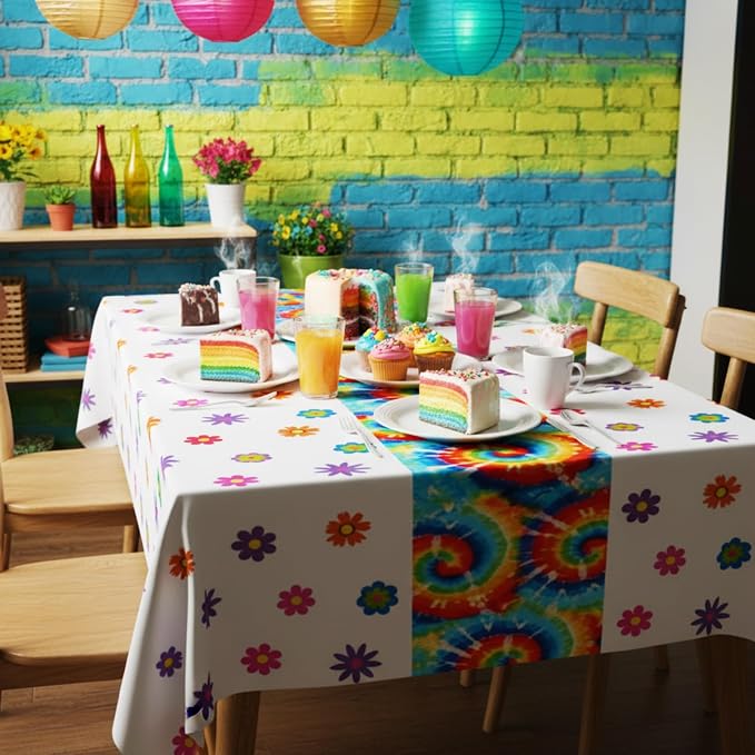 Oudain 6 Pcs Tie Dye 70s Party Decoration Hippie Tablecloth - Image 6