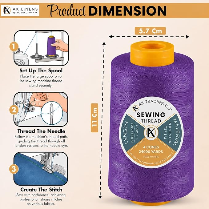 AK Trading 4-Pack Purple All Purpose Sewing Thread Cones of High Tensile - Image 2