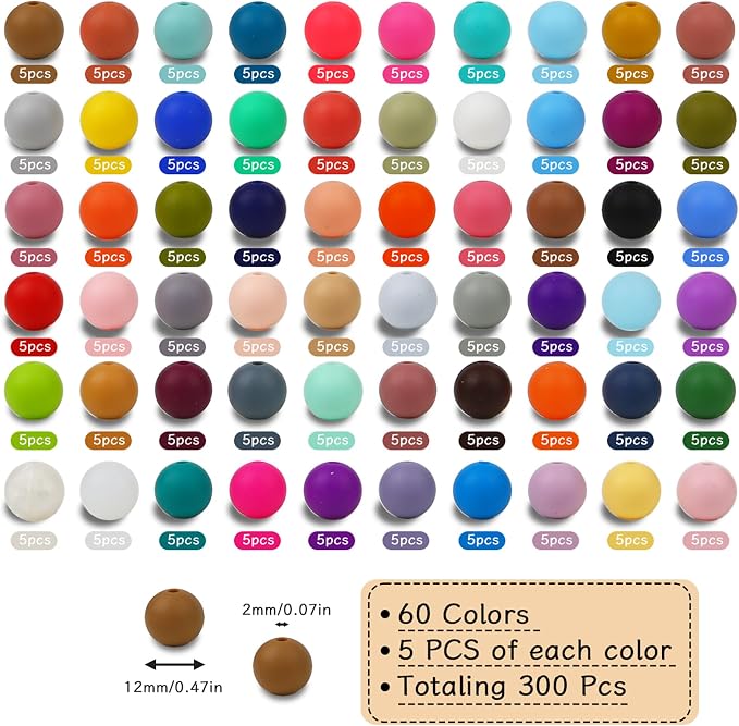 300pcs Silicone Beads for Keychain Making Kit 60 Colors Focal Rubber Round - Image 2