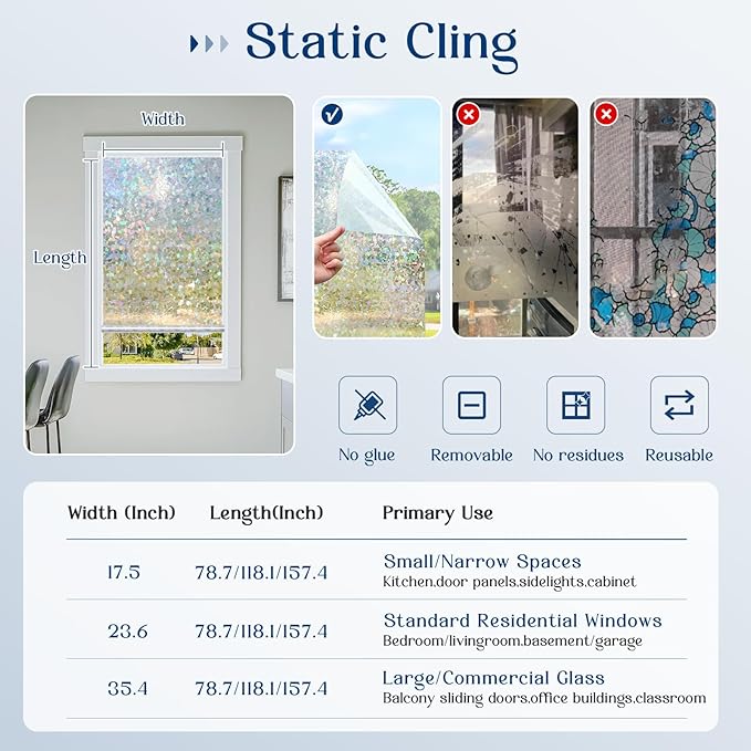 Haton Window Privacy Film, Rainbow Stained Glass Window Clings, 3D Decorative UV Sun Blocking Sticker, Removable Static Cling Heat Control Tint for Home Door, 23.6" x 78.7" Non-Adhesive