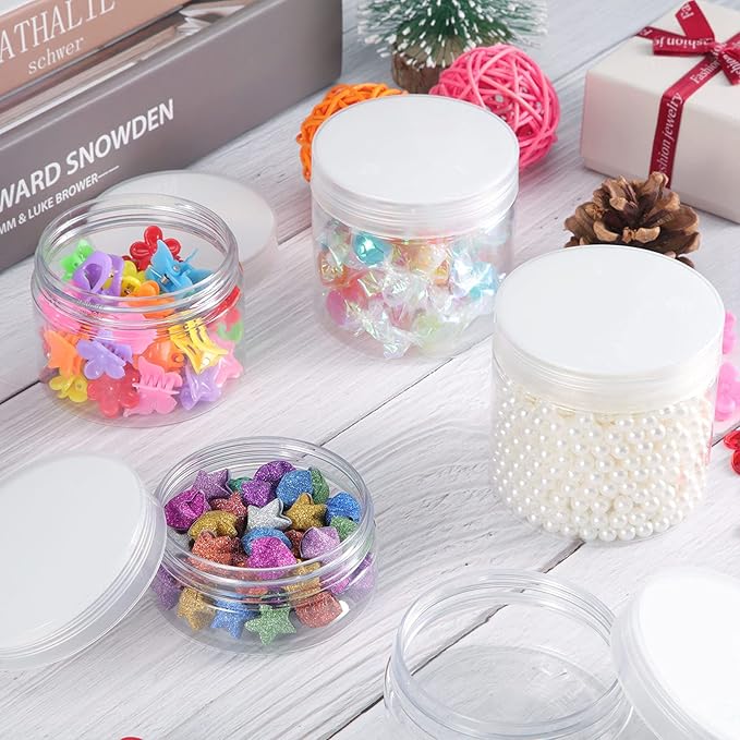 12 Pack 3 oz Plastic Container Jars with Lids Round Clear Travel Cosmetic Container Jars for Toiletries, Lotion, Cream, Ointments, Makeup, Rhinestone, Samples, Kitchen Storage (White)