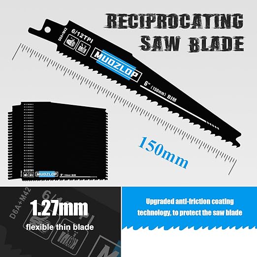 25 Pack 6inch Reciprocating Saw Blades Set,6/12TPI High Carbon Saw Blades, Metal Saw Blades with Organizer Case (25, 6/12TPI/150mm)
