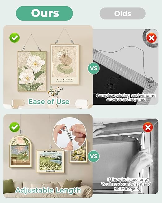 2PCS Adjustable Picture Hanging Wire 3m x 1mm Small Hooks, Picture Frame Wire Kit Heavy Duty 50lbs, Stainless Steel for Art, Mirror, Light Lamp, Billboards, Basket Flowerpot