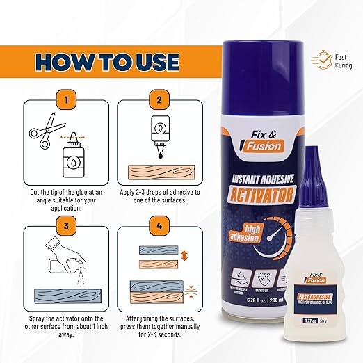 FIX & FUSION Ca Super Glue (1.77 Oz) with Activator Spray (6.76 Fl Oz) Set, Fast Adhesive/Cyanoacrylate Glue & Instant Activator for Woodworking, Plastic, Rubber, Granite, DIY & Industrial, (1 Pack)