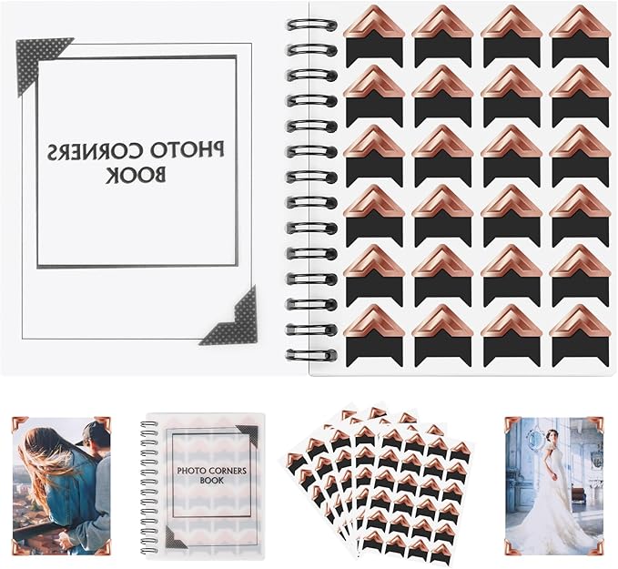 GOONAVI 15 Sheets 360 PCS Rose Gold Photo Corners Notebook, Self-Adhesive Corners for DIY Album Journal, Corner Stickers for Trip Memory Book