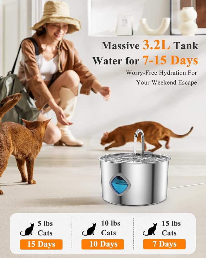 Cat Water Fountain Stainless Steel, 3.2L/108oz Automatic Pet Drinking Dispenser - Image 2