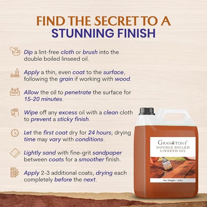 GRANOTONE Double Boiled Linseed Oil | Effective Waterproof Furniture Polish Oil, Used for Wood Finishing, Sports Goods Like Cricket Bat, Filling Cracks, Mixing with Paint and Wall Putty, 1 Ltr