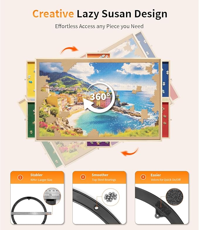 1000 Piece Rotating Puzzle Board Pro, 29" x 21" with 6 Drawers, Rubber Cover Mat, 360° Lasy Susan, Sort-Wise Colorful Felt Drawers & 4 Trays, Wooden Jigsaw Puzzle Table, Birthday Gifts for Mom