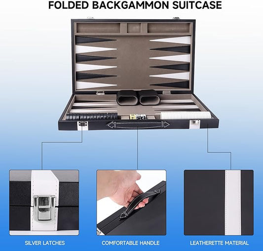 GSE Games & Sports Expert Premium Leather Backgammon Board Game Set, Classic Backgammon Game Set with Leather Case, Travel Folding Board Game (Black&Grey, Large)