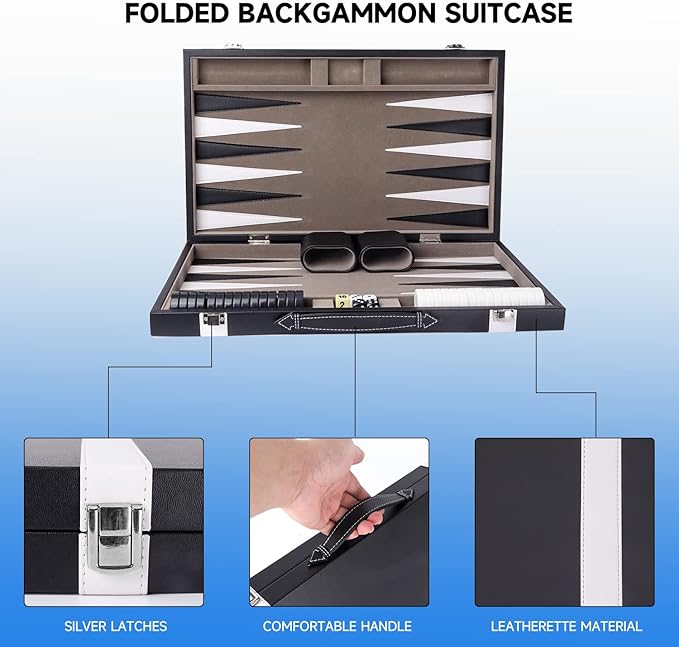 GSE Games & Sports Expert Premium Leather Backgammon Board Game Set, Classic Backgammon Game Set with Leather Case, Travel Folding Board Game (Black&Grey, Medium)