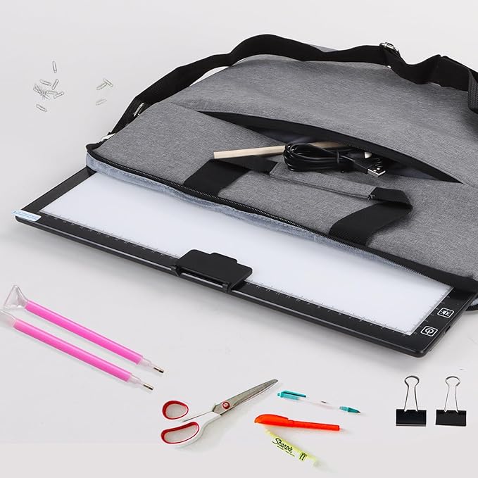 HIUKCOLED Rechargeable A3 Light Pad with Diamond Painting Light Board Carry Bag, Built-in Foldable Stand＆top Clip, 3 Colors/Stepless/6-level Brightness, Battery Powered Wireless LED Tracing Box