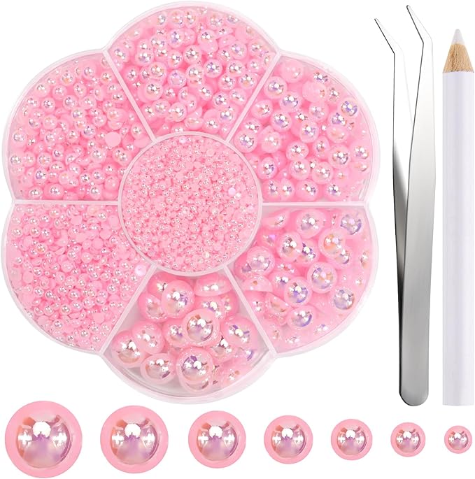 NACHLYNN 6480 Pcs Flat Back Pearl 7 Sizes AB Light Pink Half Round Beads by Createyourownlifestory