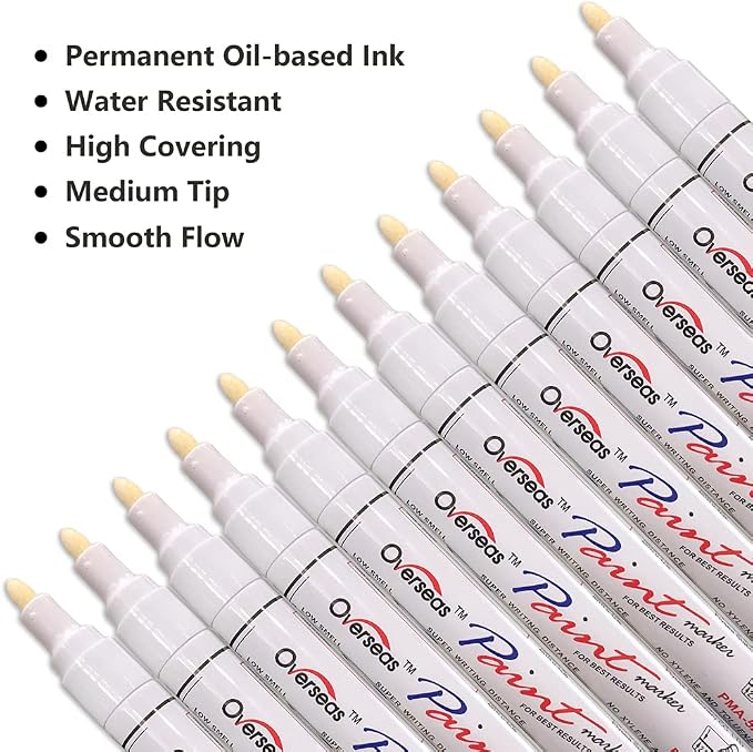 Overseas 12 White Paint Pens Permanent Markers, Oil Based Paint Markers | - Image 2