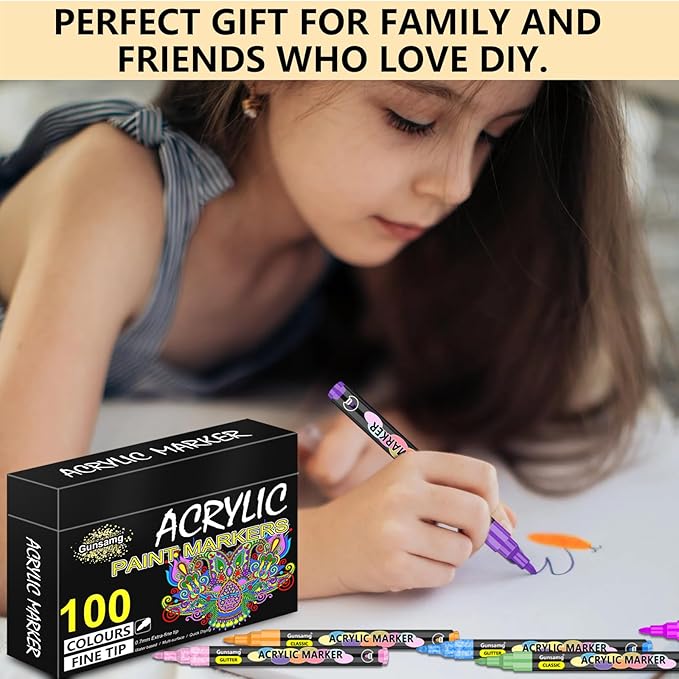 Gunsamg Fine Tip Acrylic Paint Markers – 100 Colors Acrylic Paint Pens for Rock, Glass, Wood, Stone, Ceramic, Fabric, Metal, Canvas – Permanent Waterproof No Bleed Paint Pens for Crafts & Art Supplies