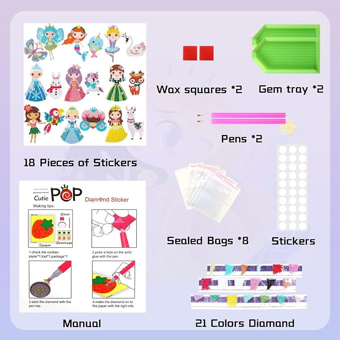 Cymbana Diamond Painting Kits for Kids 18 Pcs Princess and Their Buddy Gem Art Sticker for Kids Ages 6-8 8-12 Contains Unicorn, Mermaid