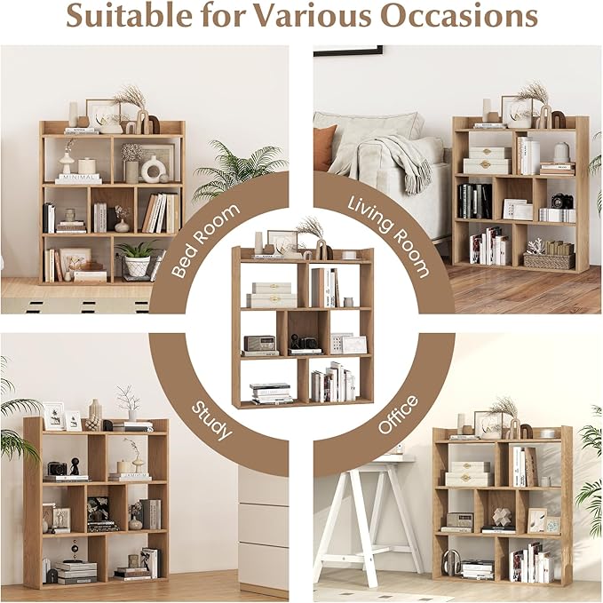 Giantex 7 Cubes Bookshelf, Free-Standing Wooden Bookcase, 4 Tier Home Display Shelf, Horizontal Storage Unit w/Anti-Toppling Devices, Open-Back Display Rack for Study, Living Room (1, Natural)