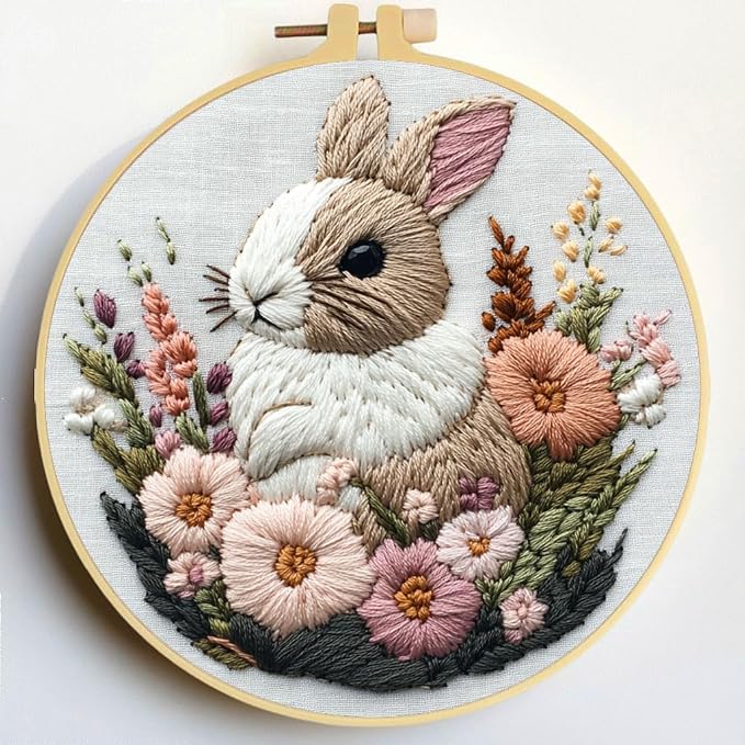 Punch Needle Kits Rabbit in Flowers Embroidery Starter Set by Unknown