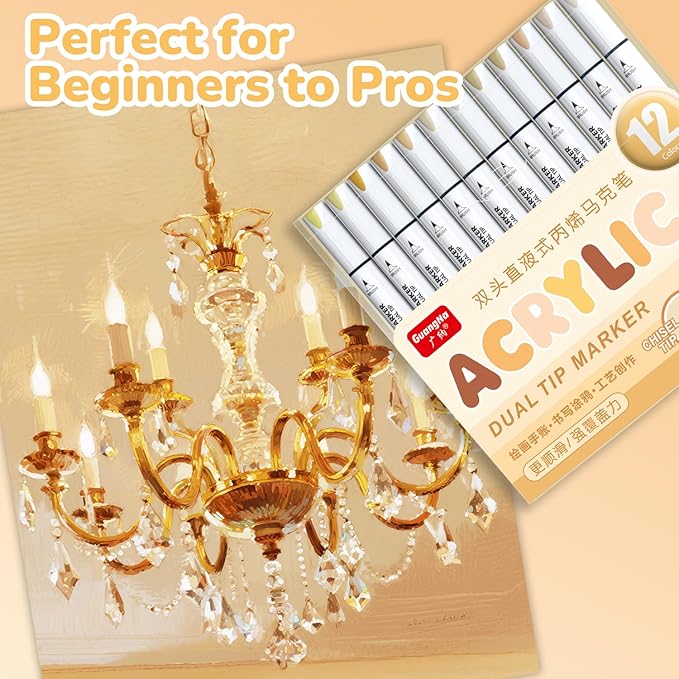 Guangna 12 Skin Tone Dual Tip Acrylic Paint Markers, Brush Tip & Chisel Tip Acrylic Paint Pens for Rock, Wood, Glass, Paper, Coloring Book, Ceramic, Canvas, Water-Based Ink