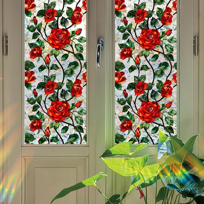 Bloss 3D Rose Stained Glass Windows Film Gothic, 17x78.7Inch Rainbow Floral - Image 9