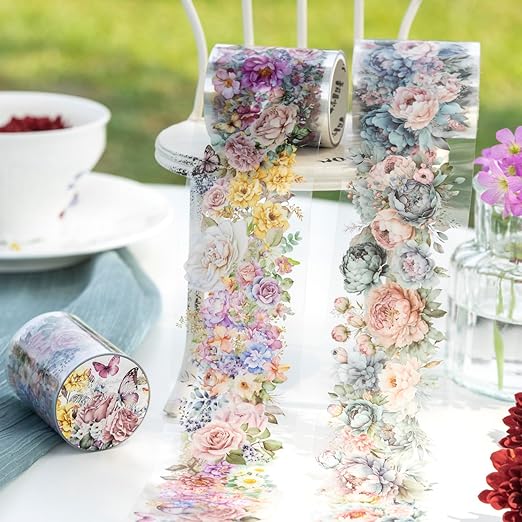 Flower PET Tape Stickers for Journaling,6 Rolls Transparent Floral Washi Tape for Scrapbook Supplies,Junk Journal,DIY Craft,Notebook,Diary(Flourishing Blossom)