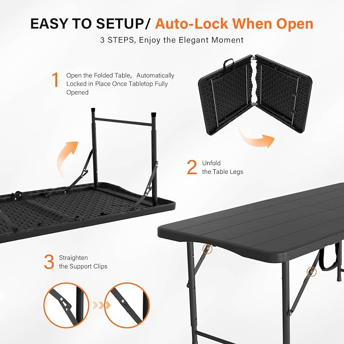 VINGLI 4 FT Plastic Folding Camping Table, 3-Level Adjustable Height, Portable - Image 8