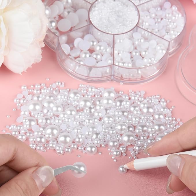 NACHLYNN 6480 Pcs Flat Back Pearls 7 Sizes Half Pearl Bead White Flat Pearls - Image 4