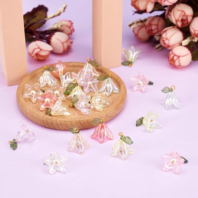 Cheriswelry 32Pcs Acrylic Flower Pendants Lily Floral Plastic Dangle Charms - Image 6