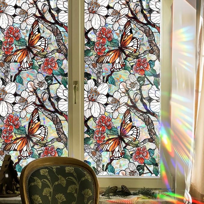 Retro Flower Window Privacy Film, Stained Glass Decals Floral Butterfly Privacy - Image 2