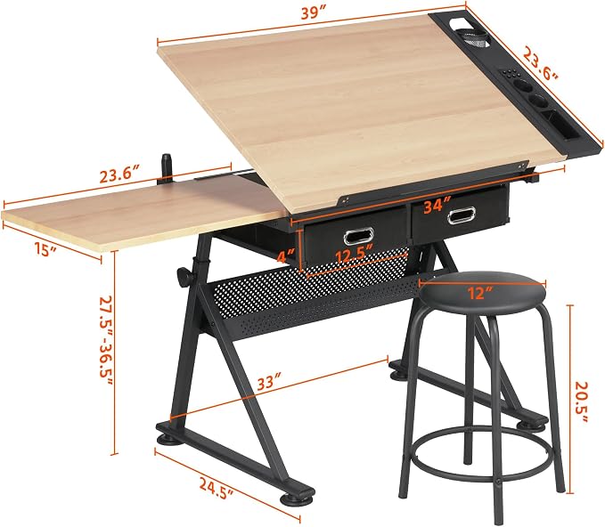 Yaheetech Adjustable Drafting Table Art Desk, Storage Drawers & Stool, Wood | - Image 3
