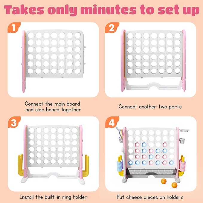 Giant 4 in a Row Connect Game with Mesh Fabric | Height Adjustable 4-in-1 Jumbo 4-to-Score Yard Game Set with Basketball, Golf & Ring Toss | Outdoor Indoor Family Party Game for Kids & Adults, Pink