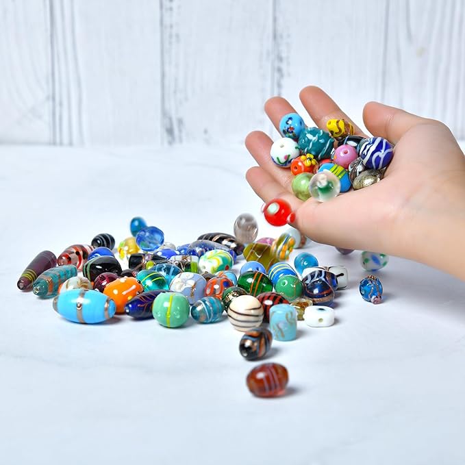1/2 LB Bag of Assorted Glass Beads for Jewelry Making, Lampwork Murano Bead Mix for Bracelets and Necklaces, Crafting Beads Supplies Kit, Large & Small Beads