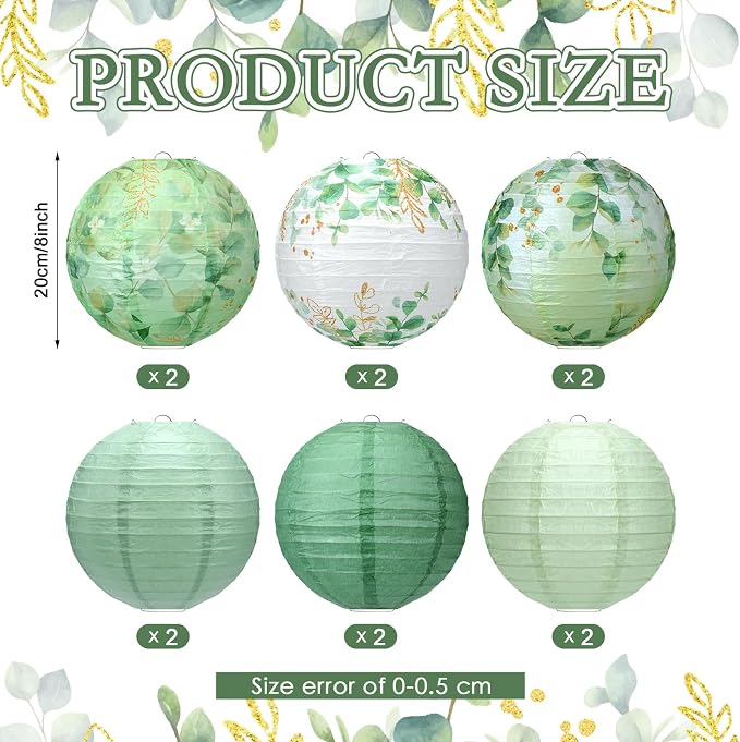 Panelee 12 Pcs Sage Green Eucalyptus Leaf Party Decorations Paper Lanterns 8 - Image 2