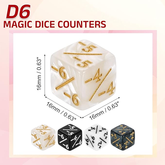uxcell 24Pcs Magic Dice Counters, Acrylic D6 Life Token Dice Set with Pouch for Standard Cards Gaming Accessories, White Marble, Black Marble, White, Black